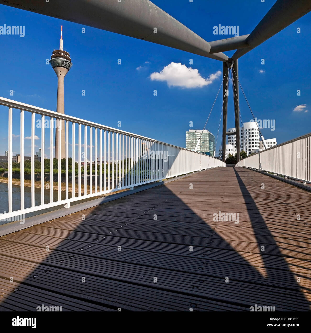 harbor bridge with Rhein tower and Neuer Zollhof, Germany, North Rhine-Westphalia, Duesseldorf Stock Photo