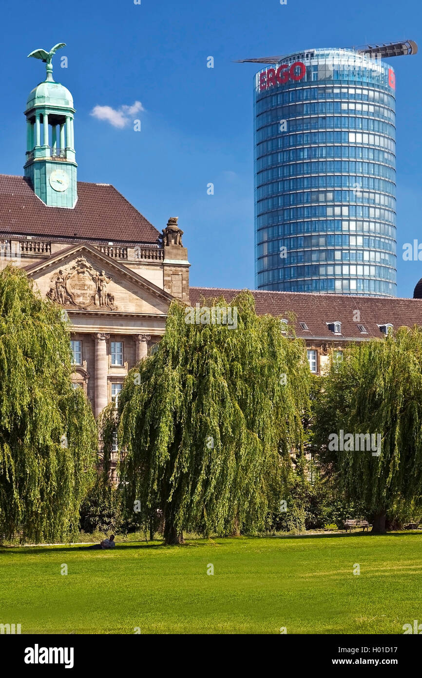 rhine meadow in front of the legislature buildung and the Ergo office tower, Germany, North Rhine-Westphalia, Duesseldorf Stock Photo