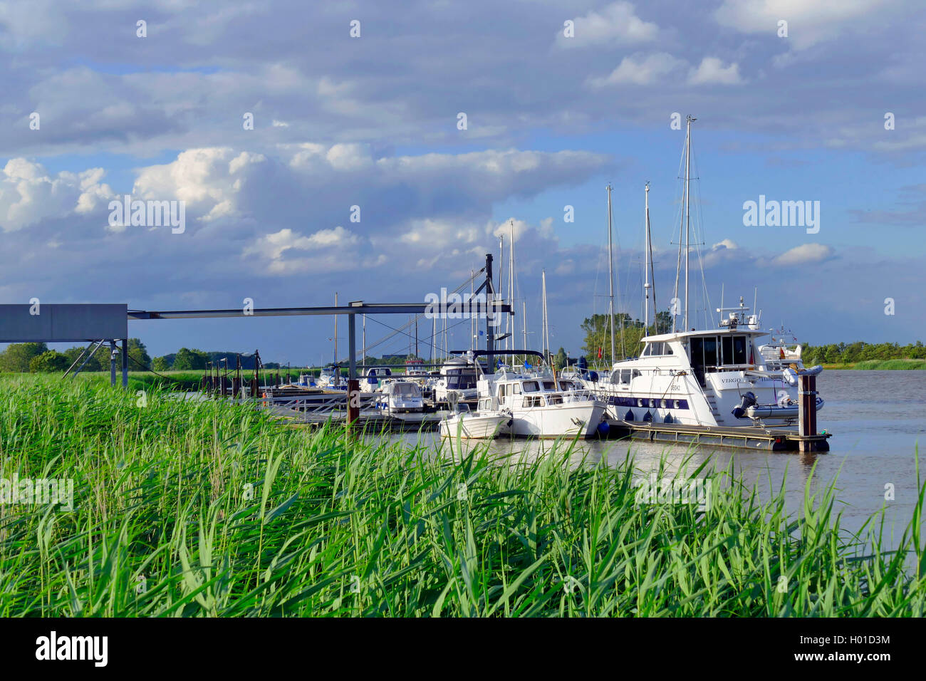 marina with sporting boats at the river Oste in Neuhaus, Germany, Lower Saxony, Neuhaus Stock Photo