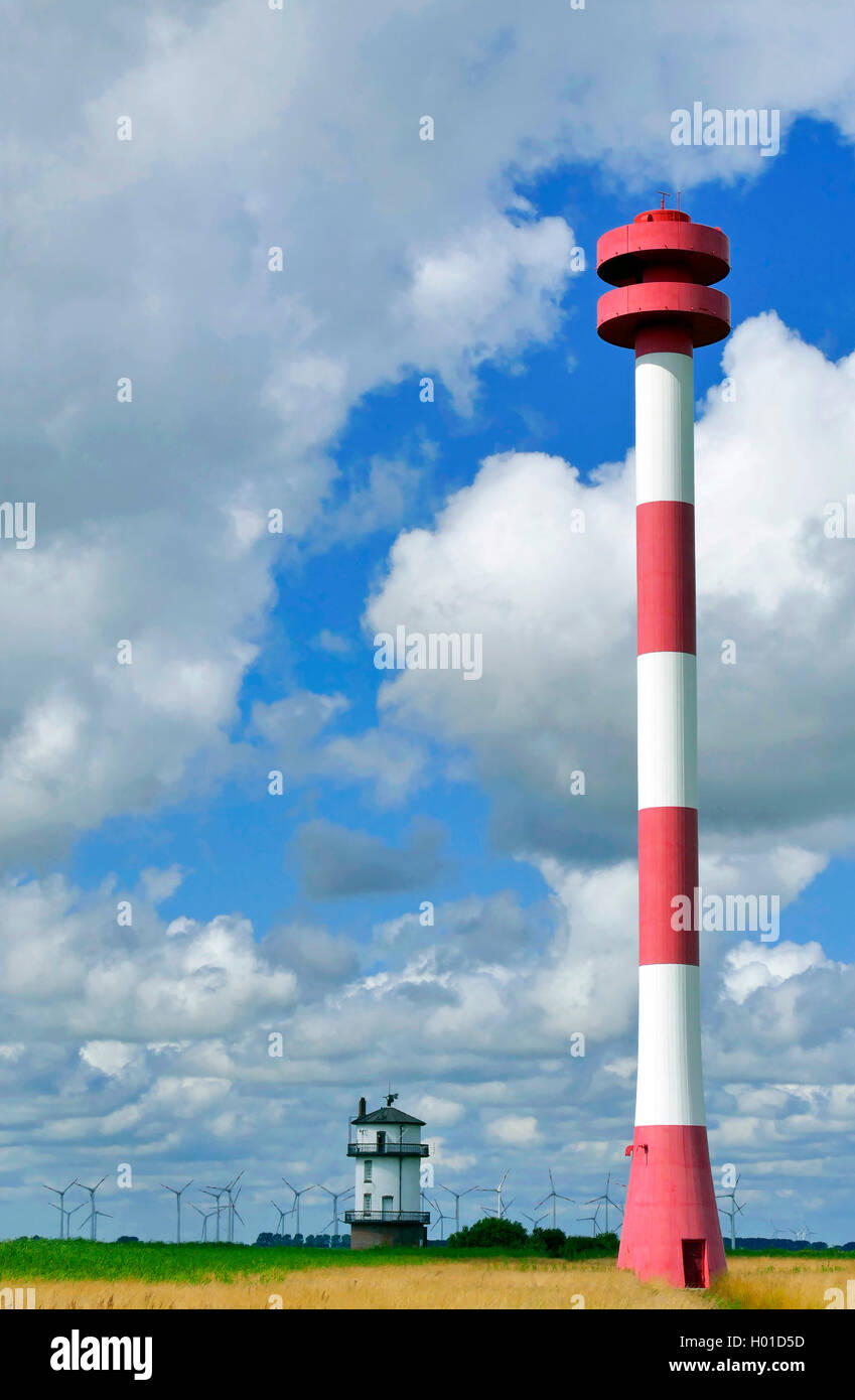 old and new Baljer lighthouse at the bird reserve Nordkehdingen, Germany, Lower Saxony Stock Photo