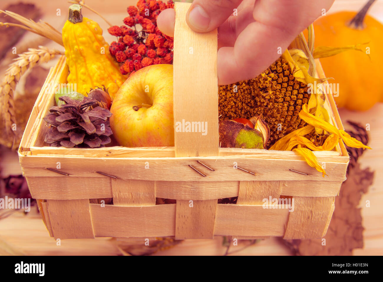 Rustic wooden basket with fall products Stock Photo