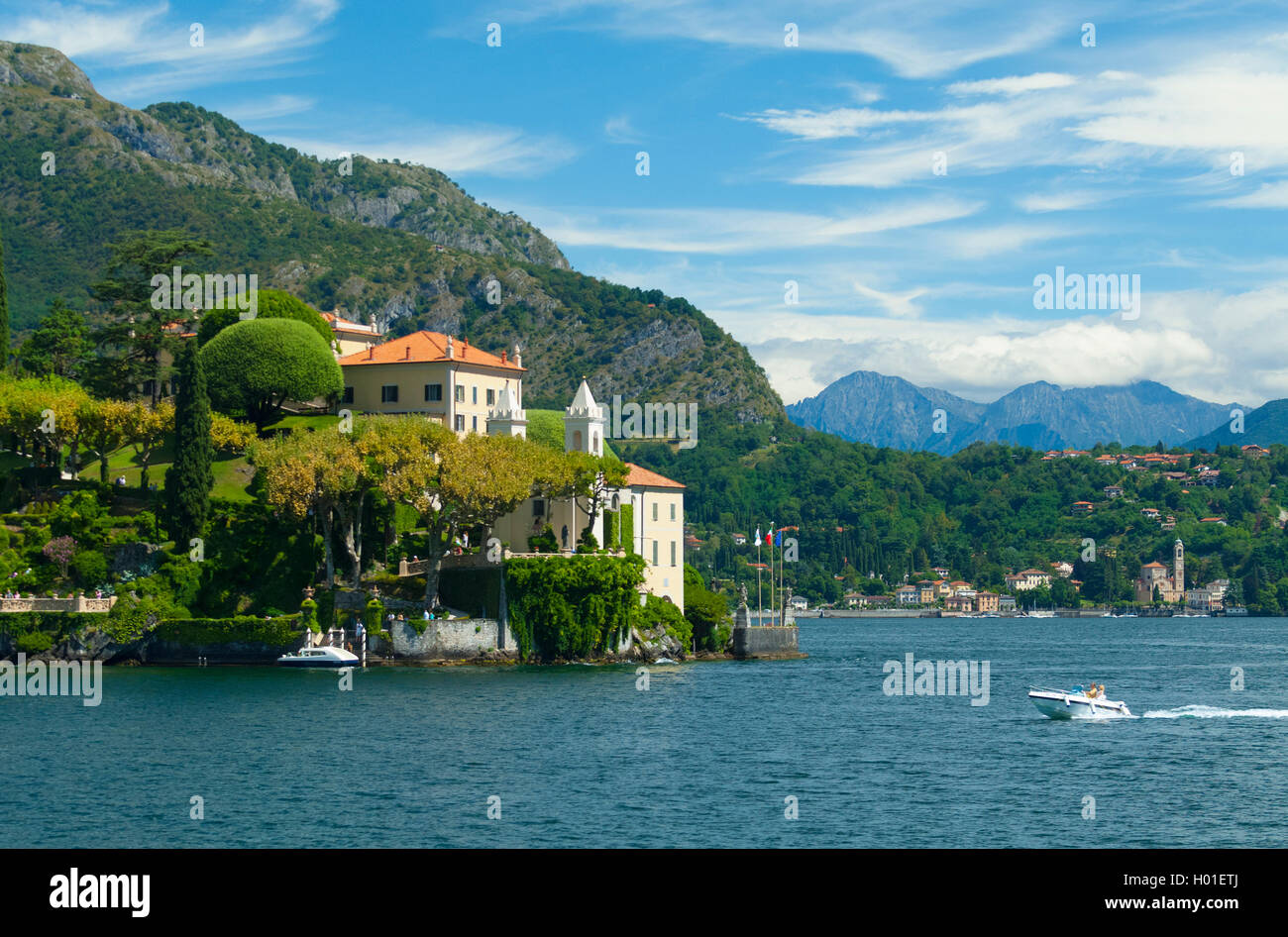 Italy, Lombardy, Como lake, Lenno, Balbianello villa viewed from the lake during springtime Stock Photo