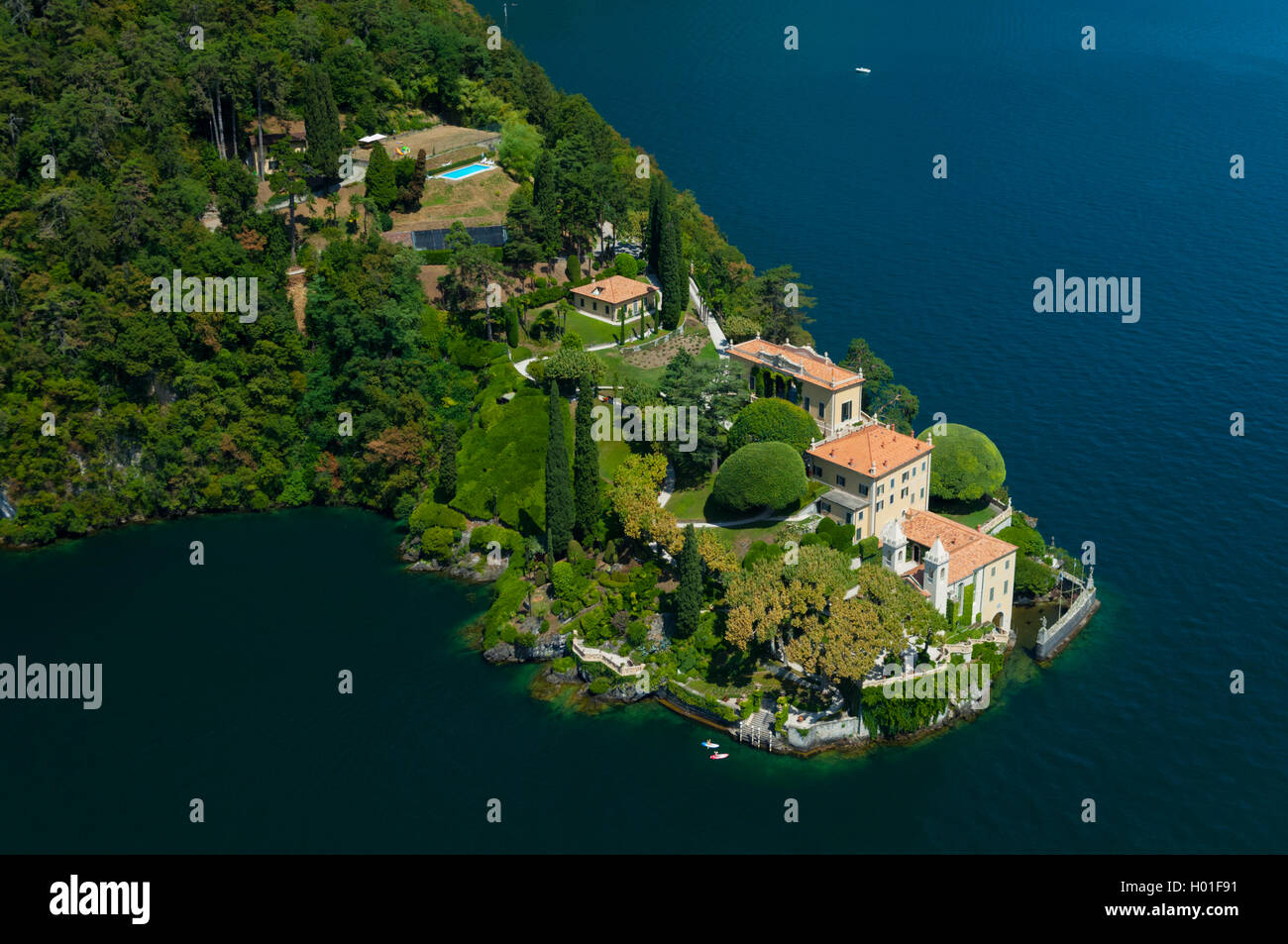 Italy, Lombardy, Como lake, Lenno, Balbianello villa on Lavedo peninsula (aerial view) Stock Photo