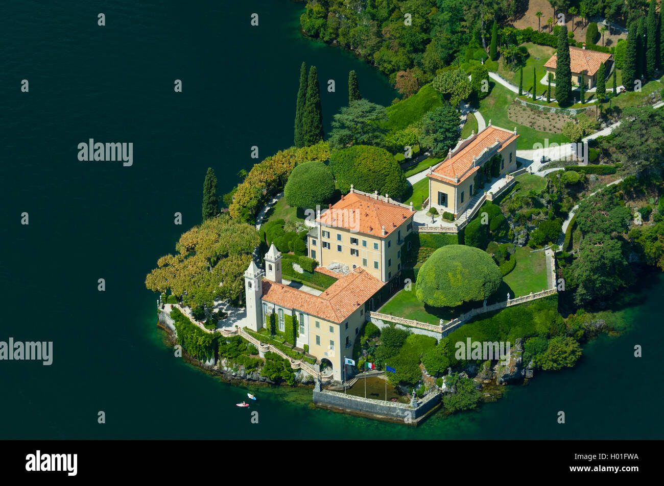 Italy, Lombardy, Como lake, Lenno, Balbianello villa on Lavedo peninsula (aerial view) Stock Photo