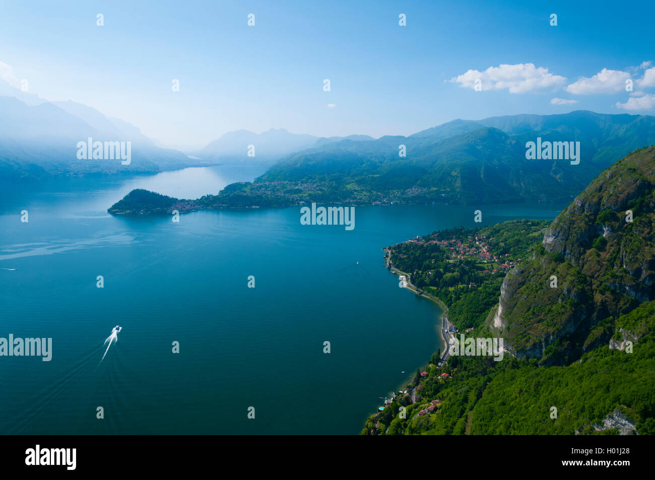Italy, Lombardy, Como lake, Menaggio, center of the lake with Bellagio peninsula (aerial view) Stock Photo