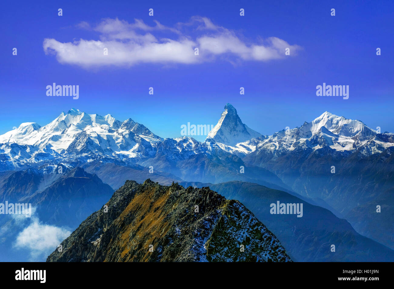 Mischabel group (left), Matterhorn (middle) and Weisshorn group (right), Switzerland, Oberwallis Stock Photo