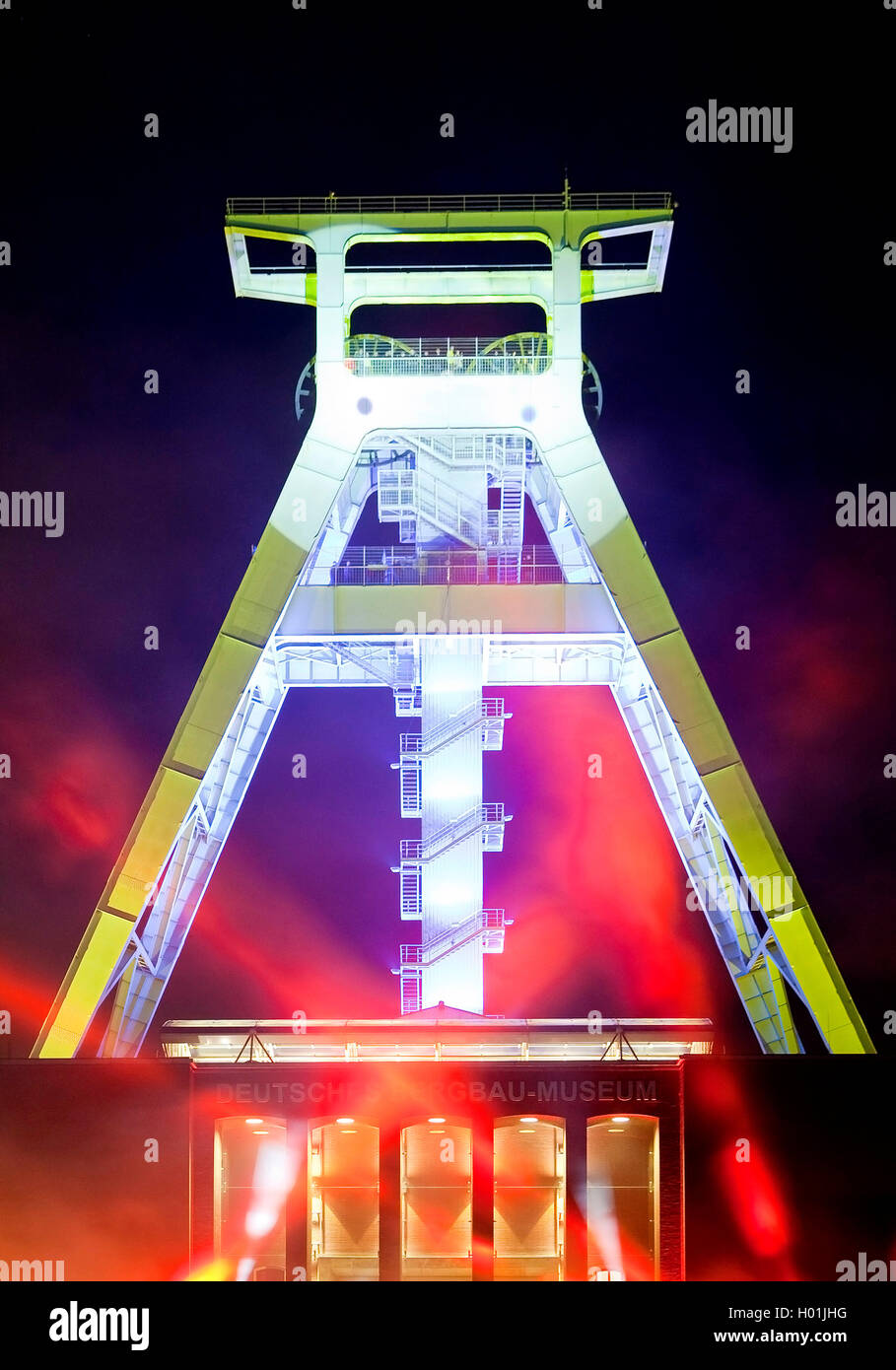 laser show at the pit frame of Deutsches Bergbau-Museum Bochum, the night of industrial culture, Extraschicht, Germany, North Rhine-Westphalia, Ruhr Area, Bochum Stock Photo