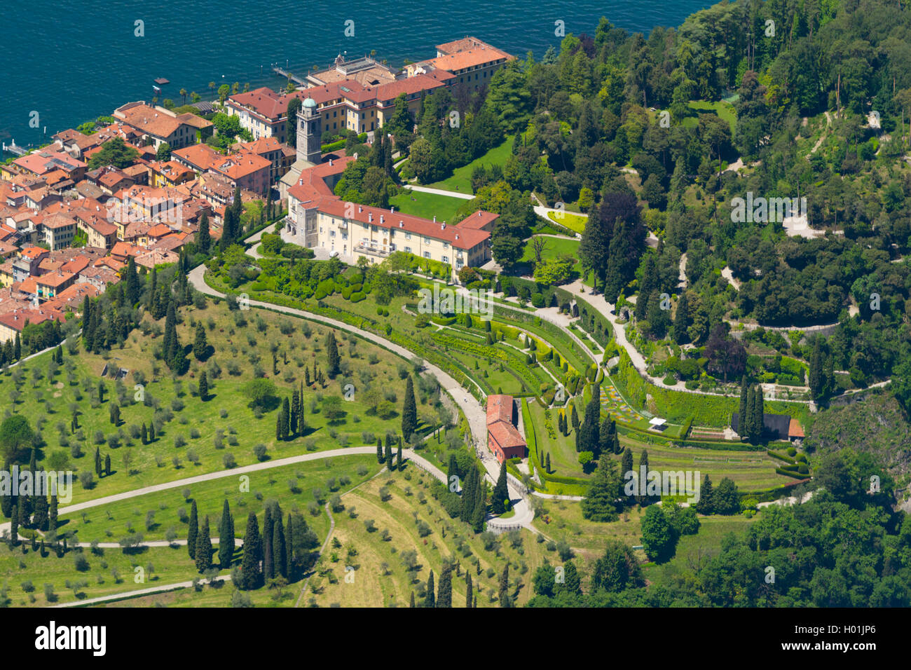 Italy, Lombardy, Como lake, Bellagio village, on hilltop villa Serbelloni (aerial view) Stock Photo
