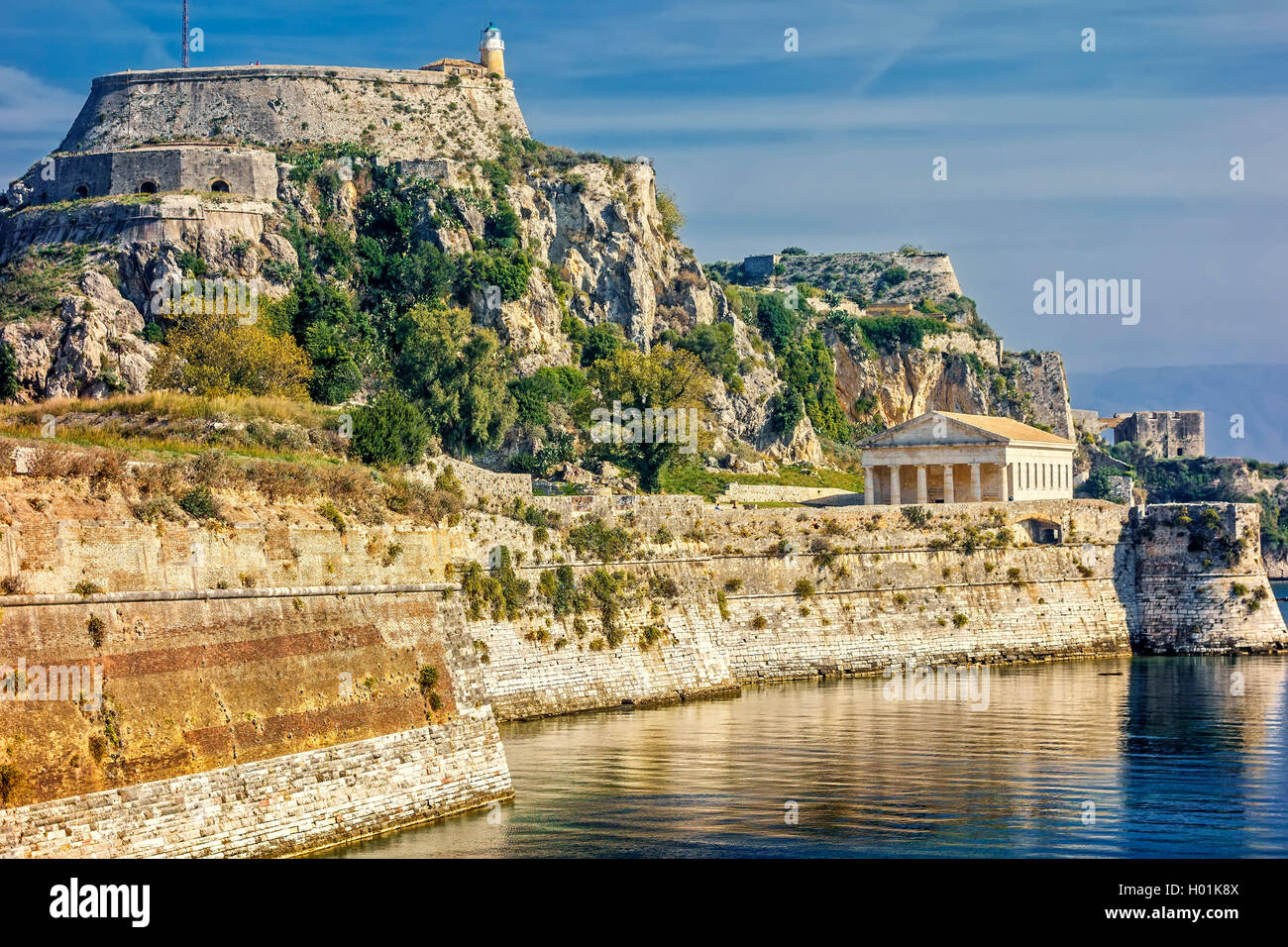 The Church and Lighthouse At The Old Fortress Corfu Greece Stock Photo