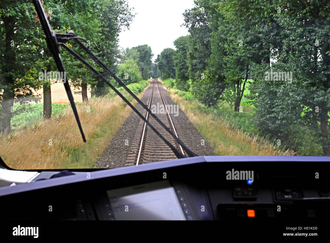 view from cockpit of a train to the tracks, Germany Stock Photo