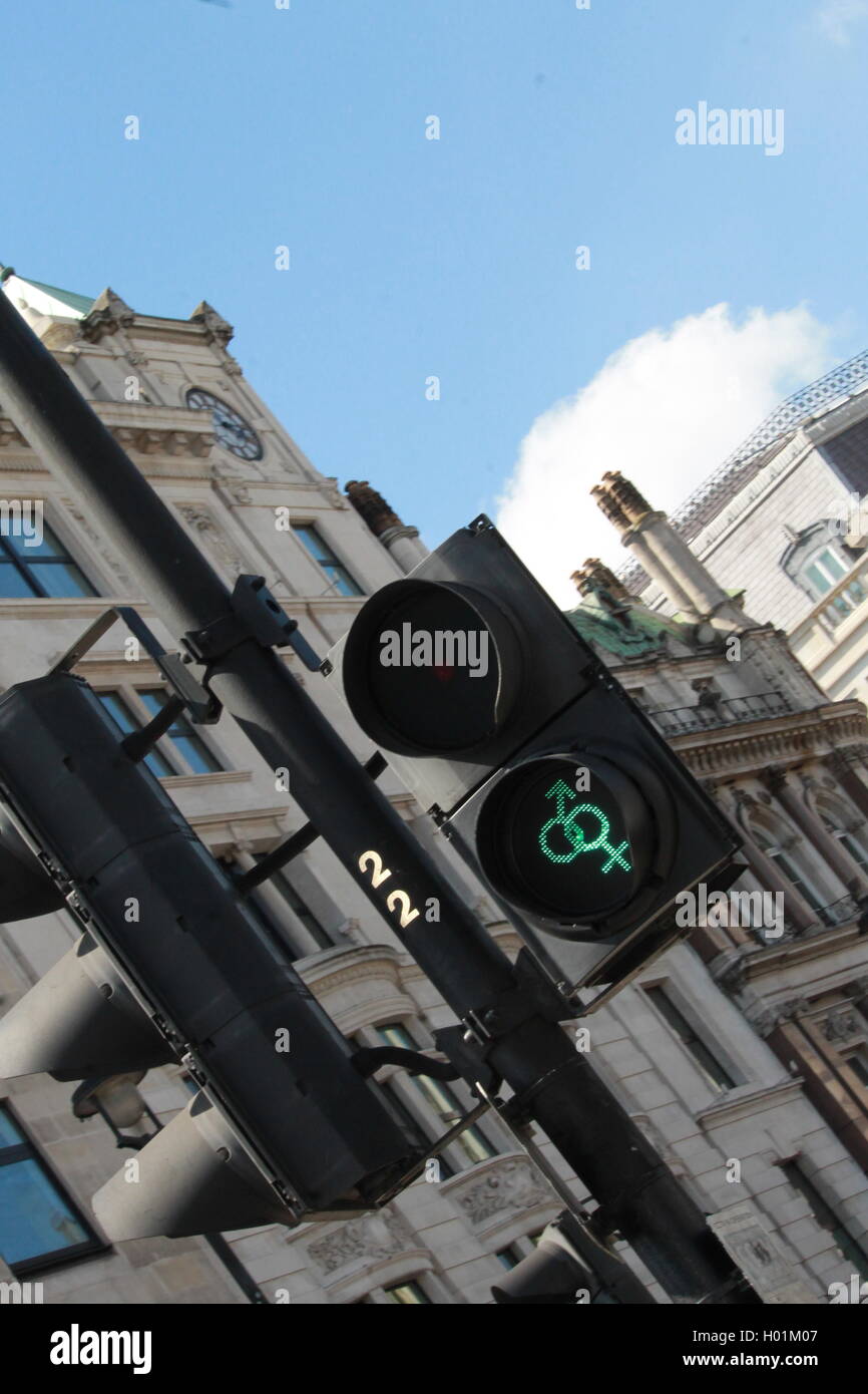 London pride, gay and trans symbol, traffic lights, Trafalgar square, London, diversity, lgbt community, pedestrian traffic sign Stock Photo