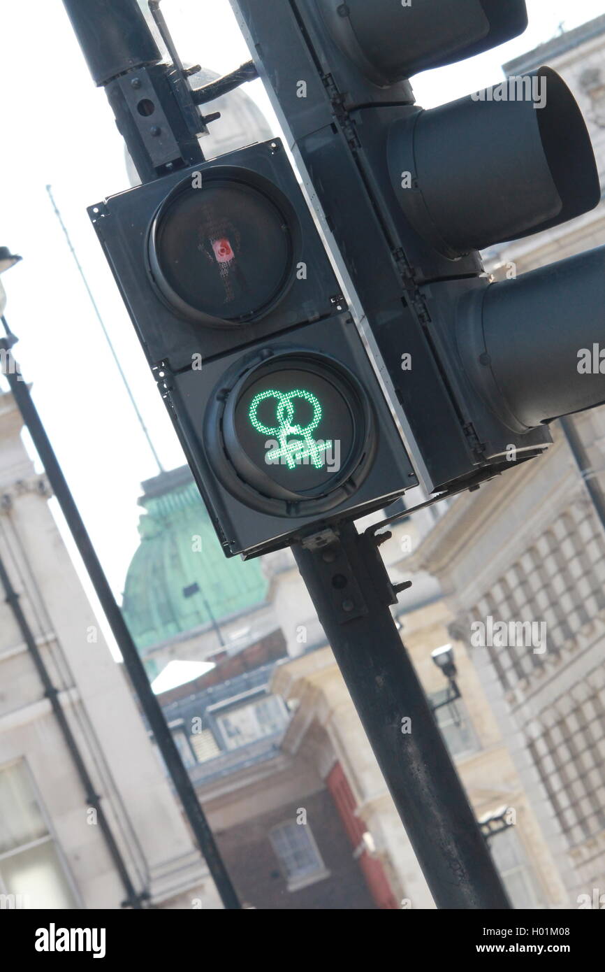 London pride, gay and trans symbol, traffic lights, Trafalgar square, London, diversity, lgbt community, pedestrian traffic sign Stock Photo