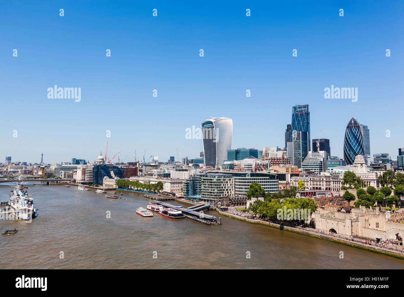 England, London, City Skyline and Thames River from Tower Bridge Stock Photo