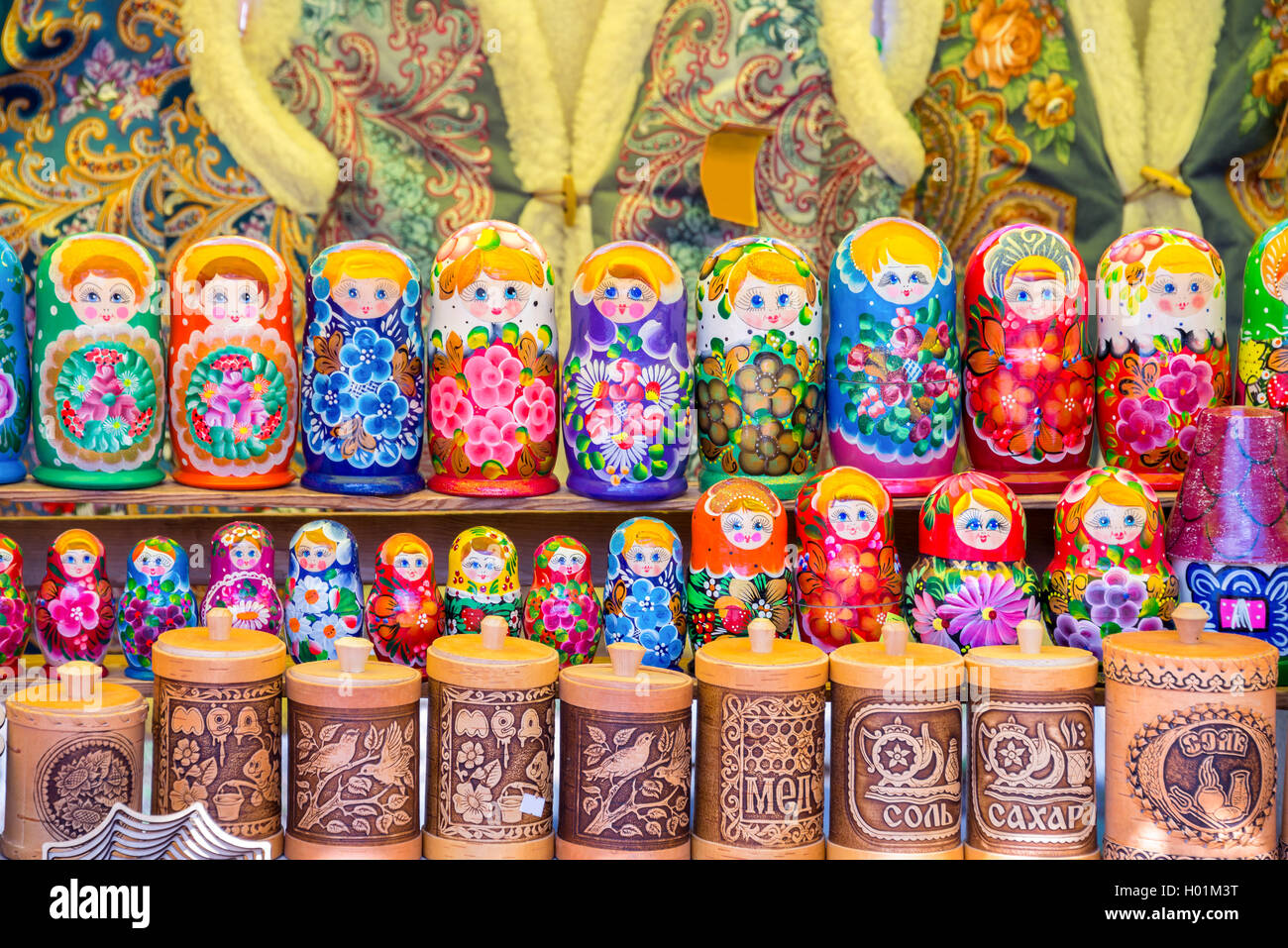 Display of colorful russian dolls (matryochkas) in Russia Stock Photo