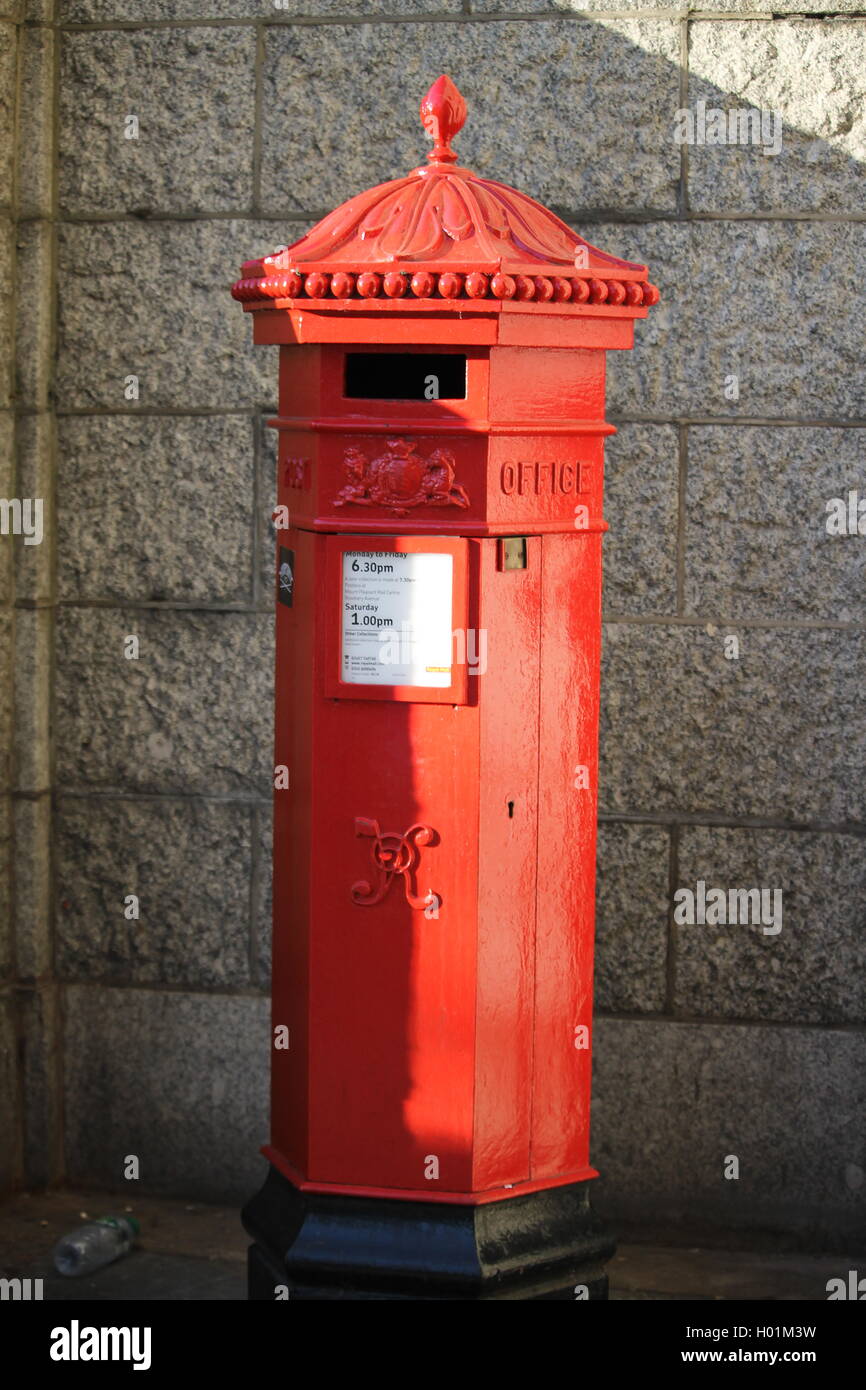 Postbox, UK, London, tourist, post, letters, mail, Royal Mail, timetable, capital city, sightseeing, red, colour Stock Photo