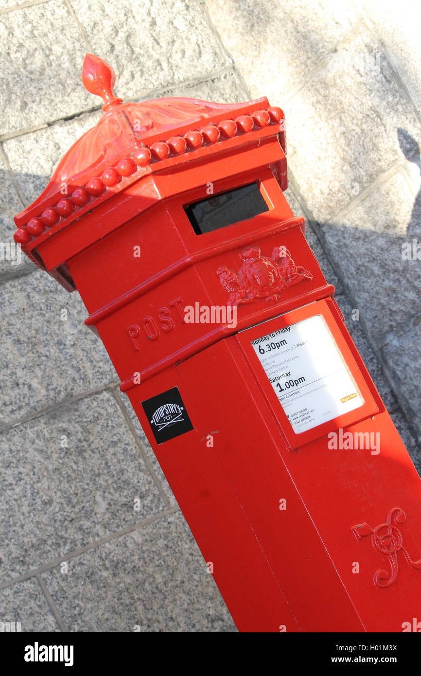 Postbox, UK, London, tourist, post, letters, mail, Royal Mail, timetable, capital city, sightseeing, red, colour Stock Photo