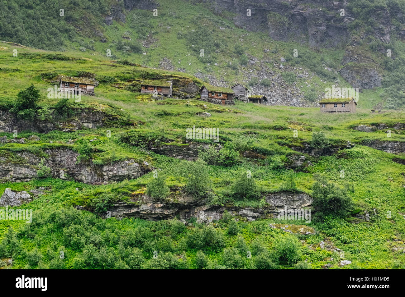 Small wooden cabins near Geirangerfjord, Norway Stock Photo