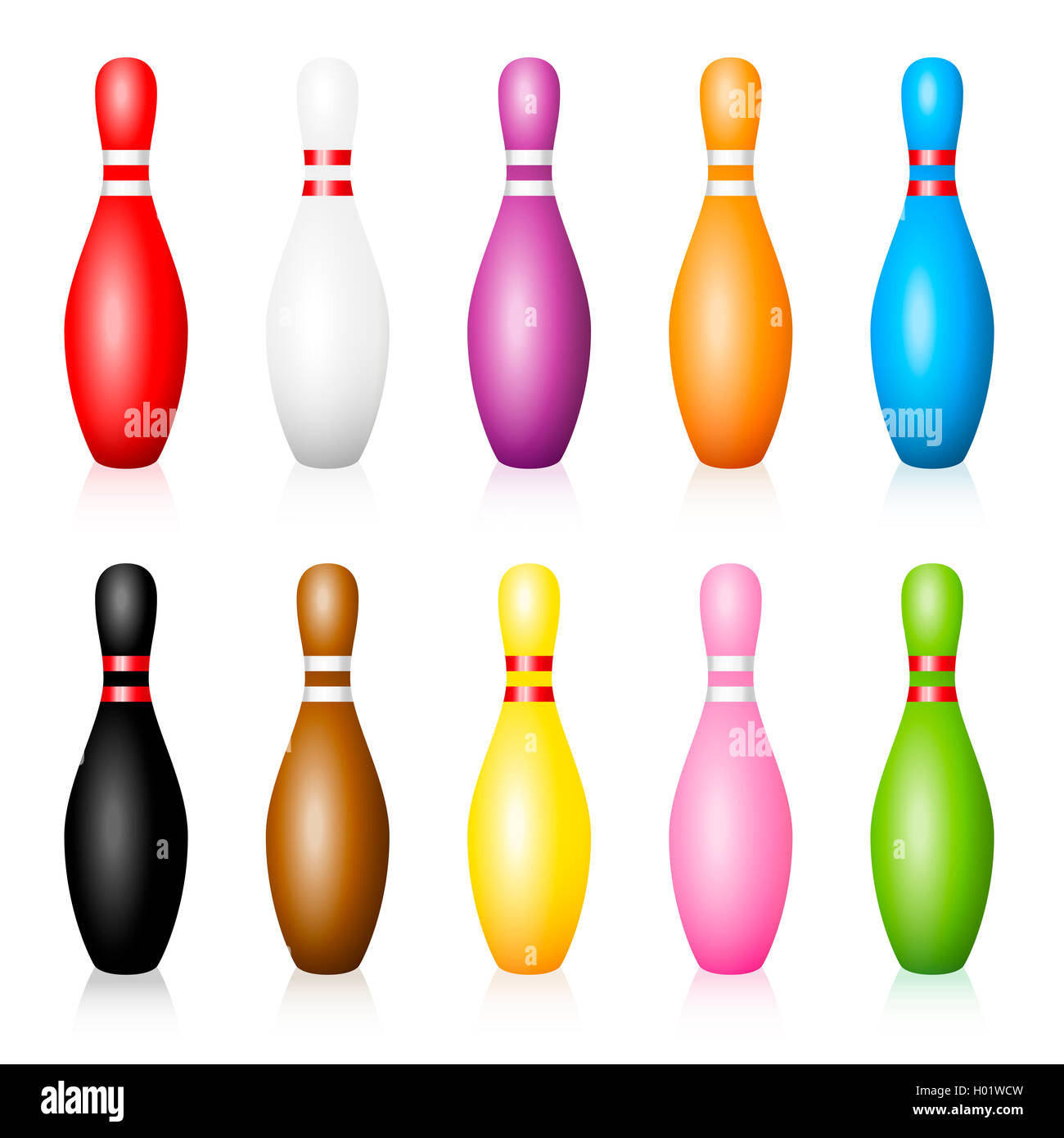 Bowling pins - set with ten different colors - illustration on white background. Stock Photo