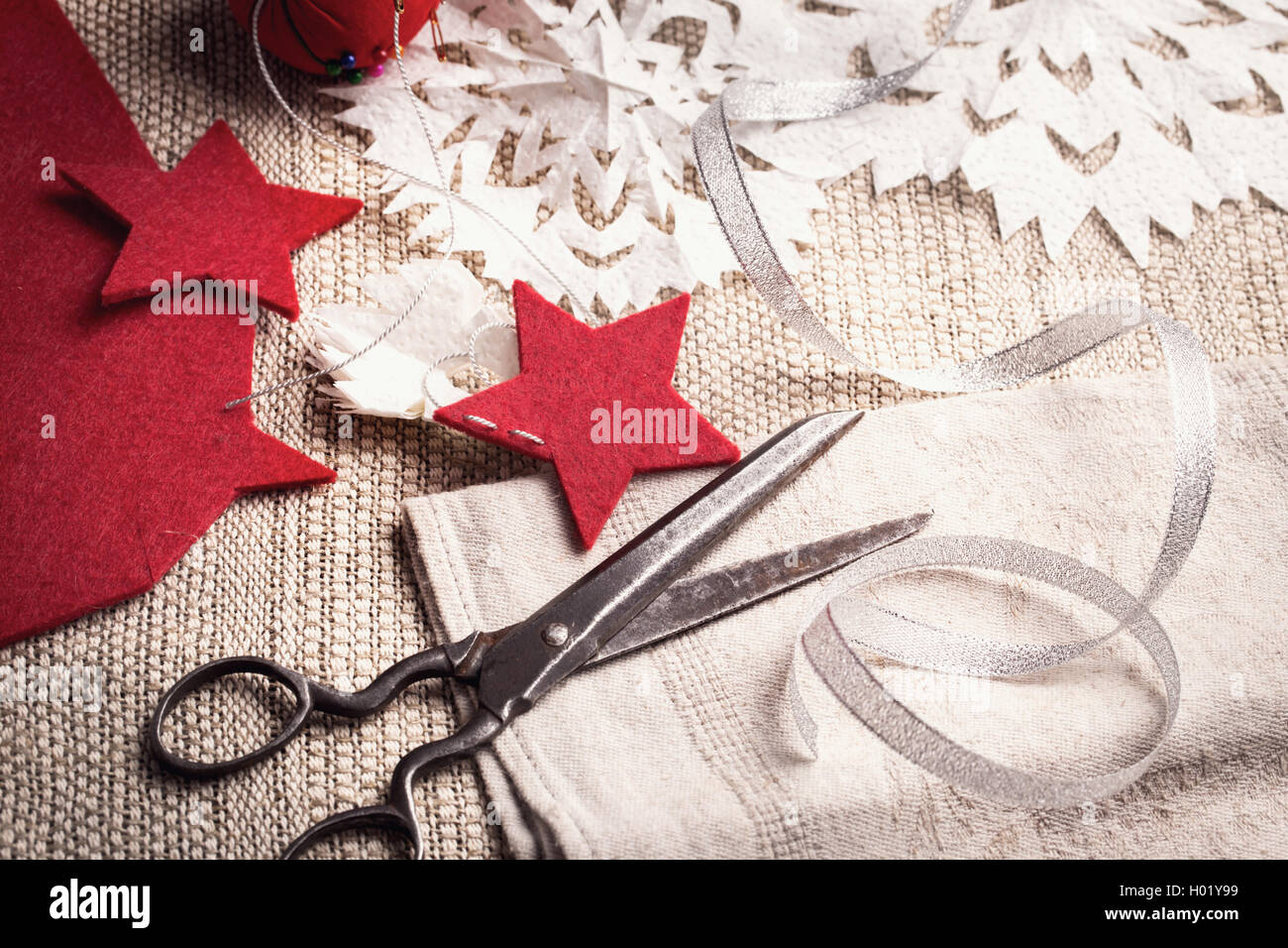 Vintage scissors and handmade holiday decorations Stock Photo