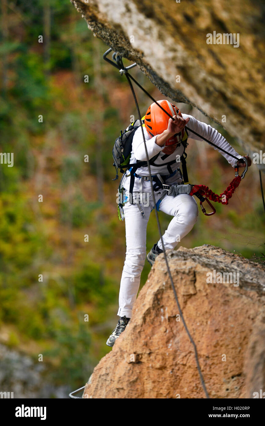female climber at via ferrata des Gorges d┤Agnielles, France, Aspres-sur-BuÙch Stock Photo
