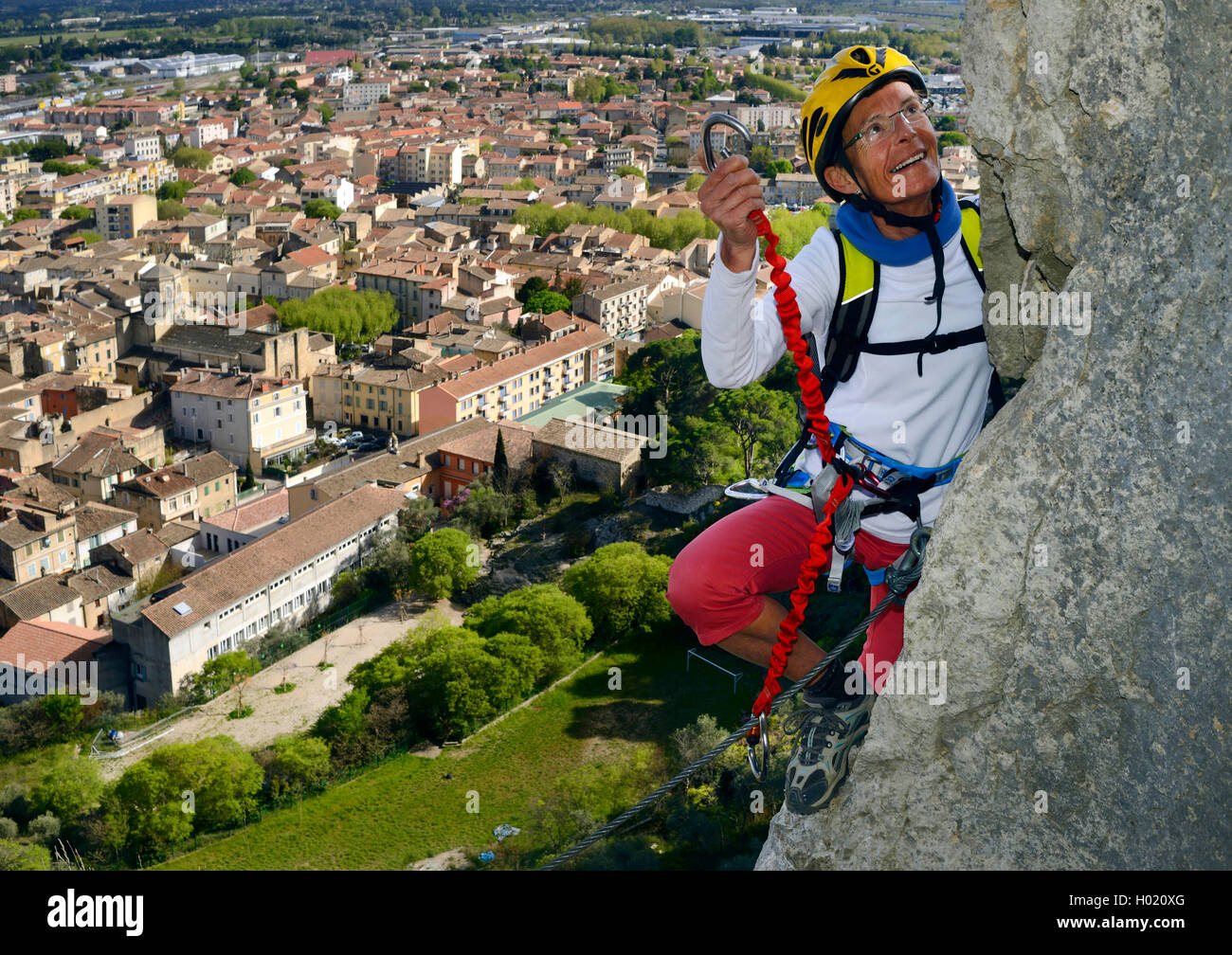 climber at a rock wall, via ferrata de Cavaillon, France, Provence Stock Photo