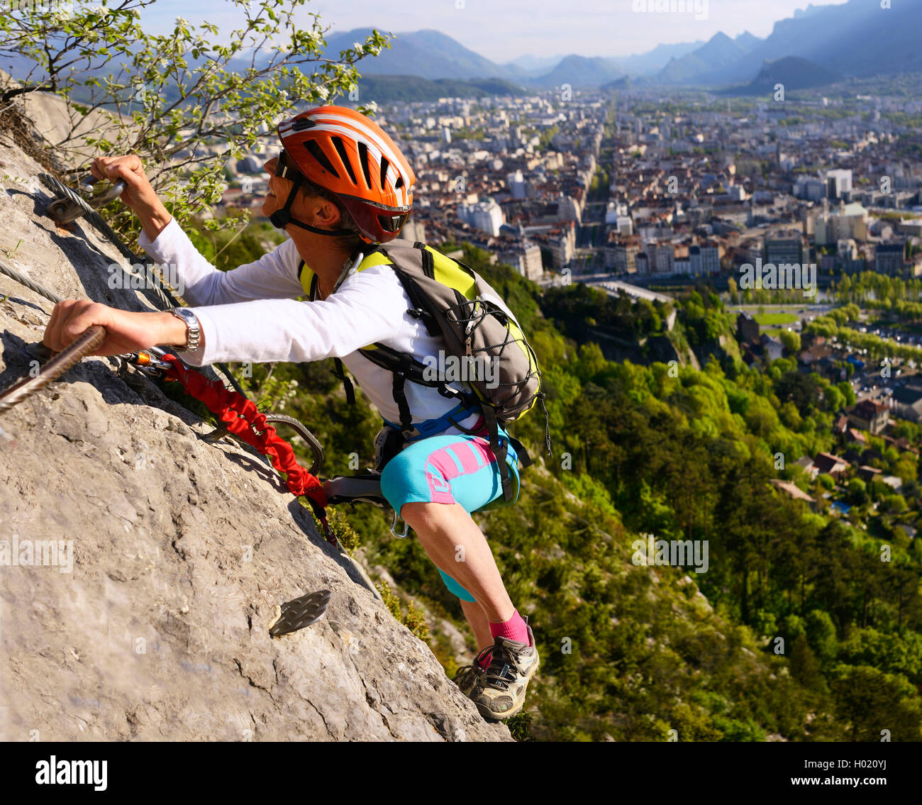 climber at Via ferrata Les prises de la Bastille, France, Grenoble Stock Photo