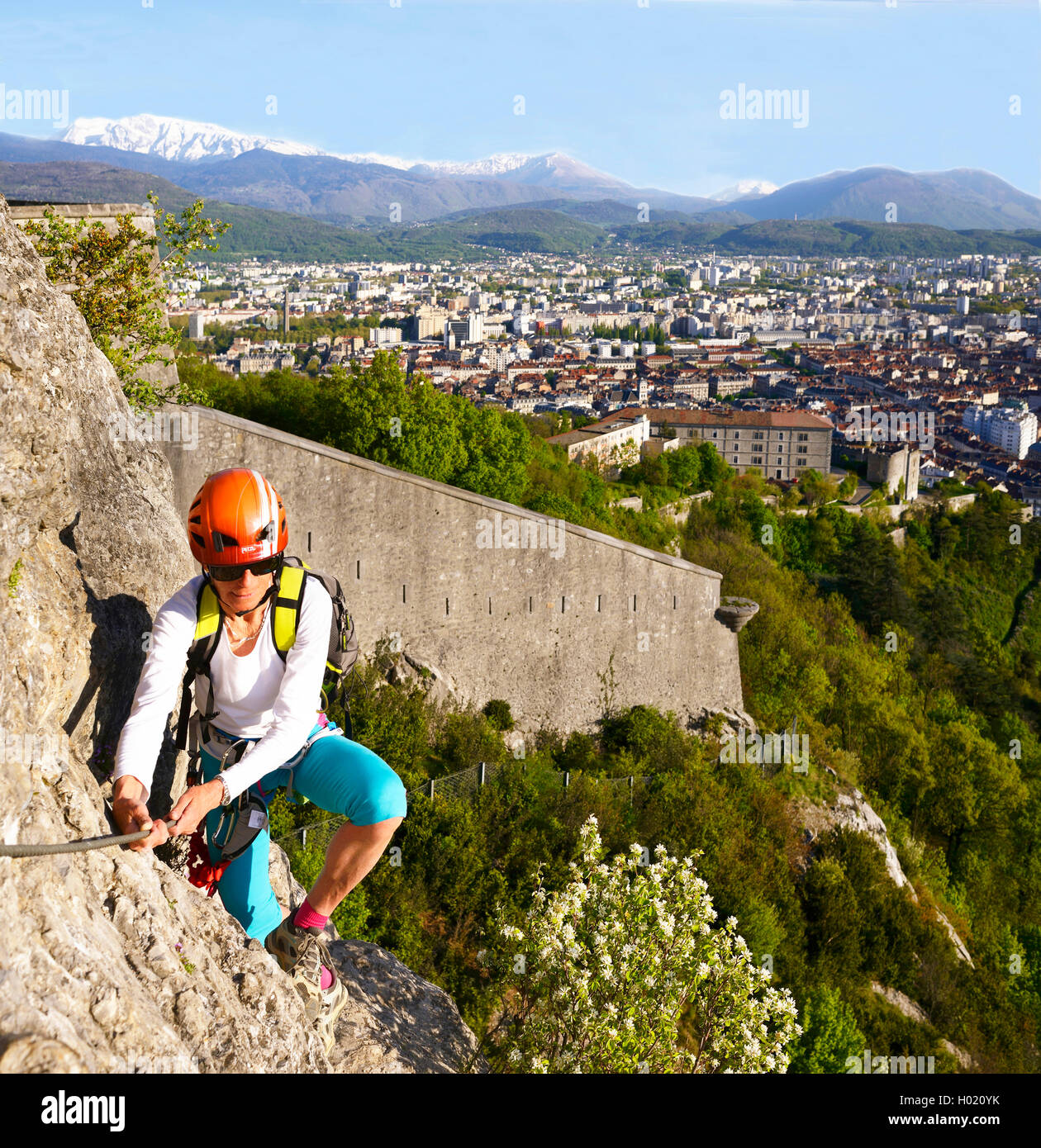 climber at Via ferrata Les prises de la Bastille, France, Grenoble Stock Photo