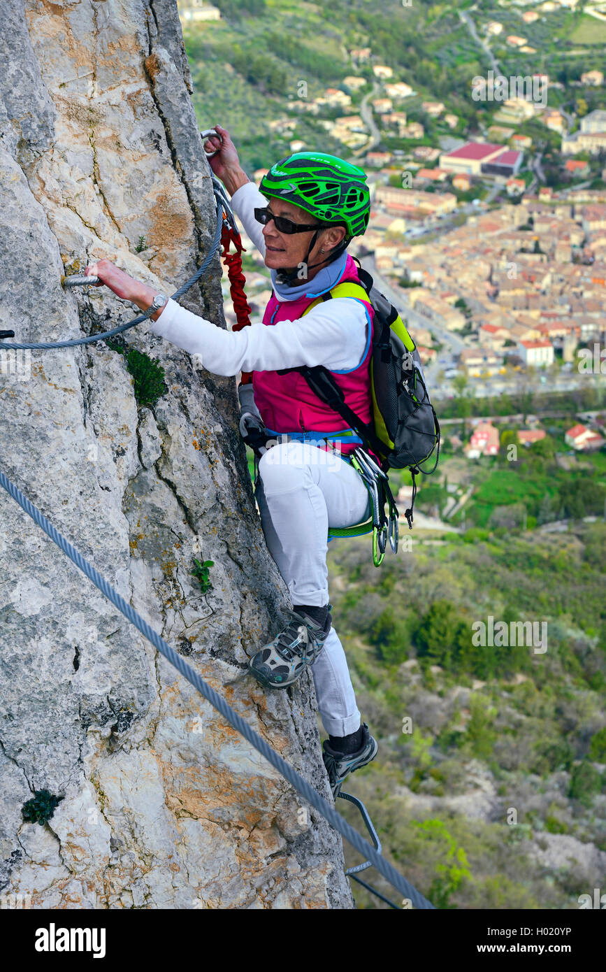 female climber at rock wall, Via Ferrata de Buis les Baronnies, Rocher