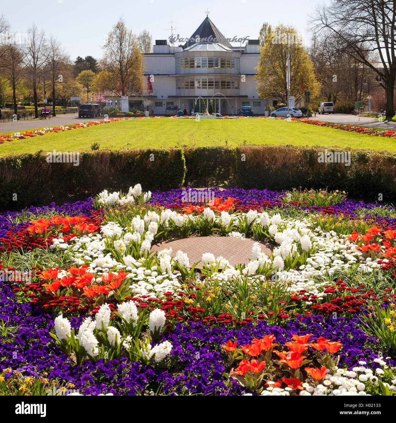 flowerbed at the Wasserbahnhof Muelheim an der Ruhr in spring, Germany ...