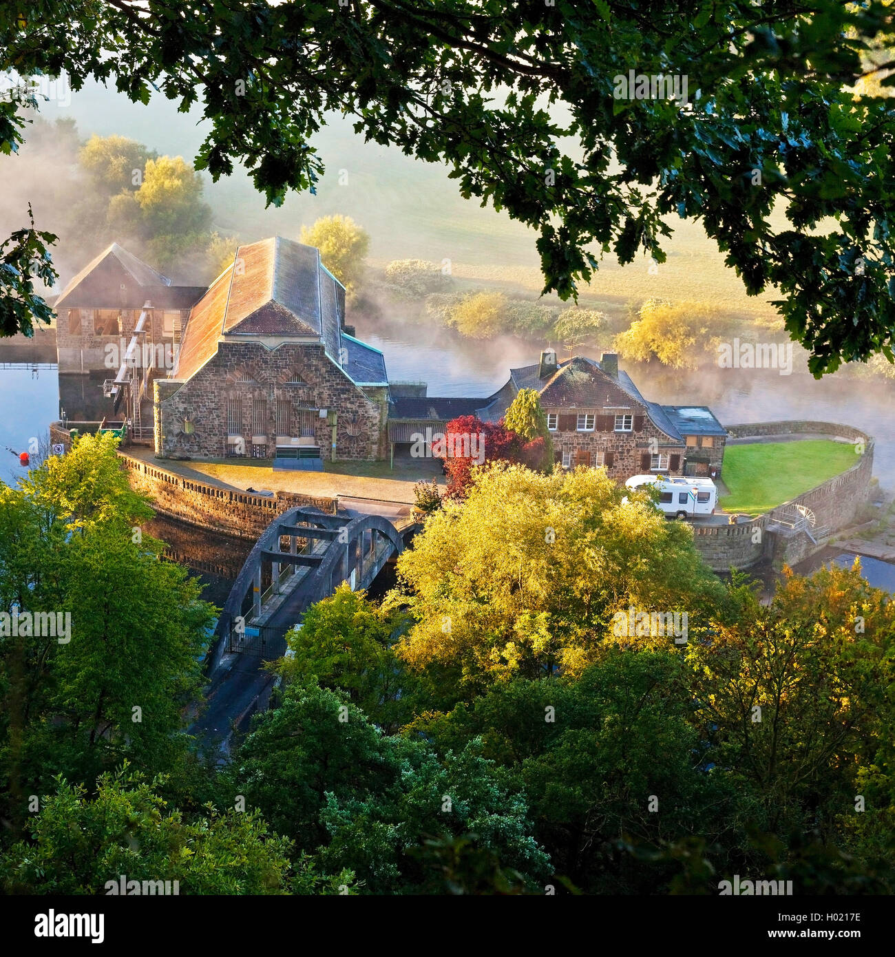 hydroelectric power station Hohenstein in the Ruhr Valley in the morning, Germany, North Rhine-Westphalia, Ruhr Area, Witten Stock Photo