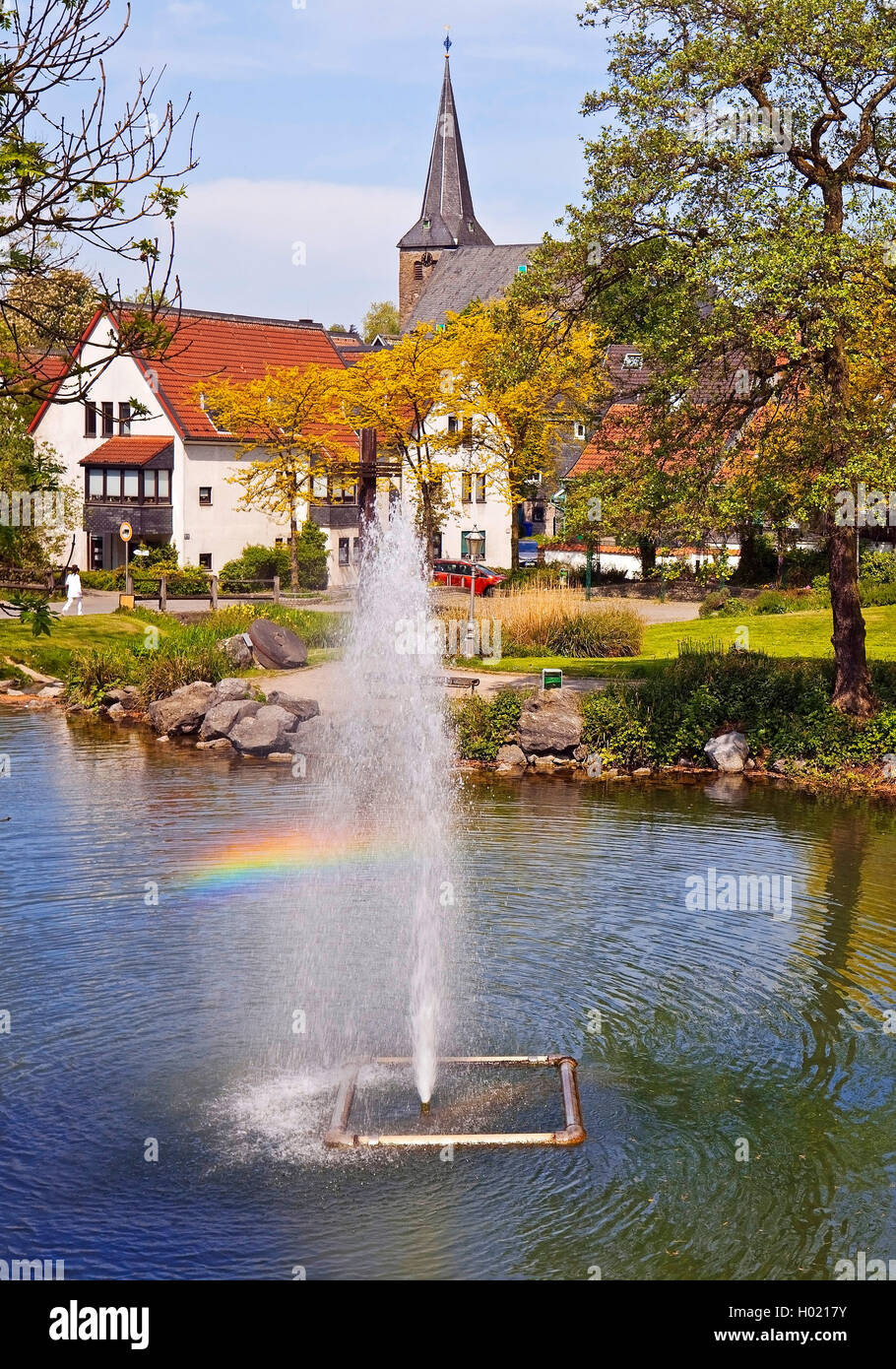 fountain and municipal church in the old city of Wuelfrath, Germany, North Rhine-Westphalia, Bergisches Land, Wuelfrath Stock Photo