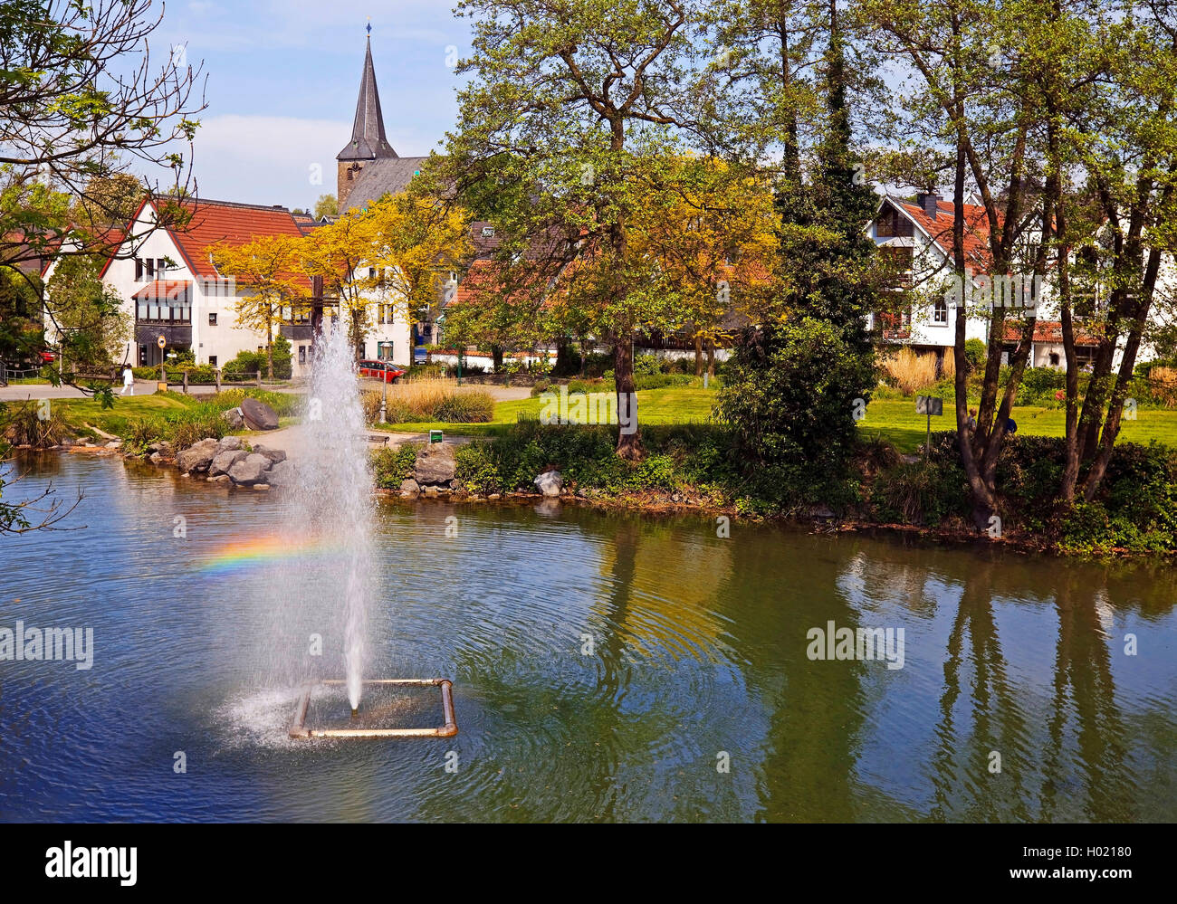fountain and municipal church in the old city of Wuelfrath, Germany, North Rhine-Westphalia, Bergisches Land, Wuelfrath Stock Photo