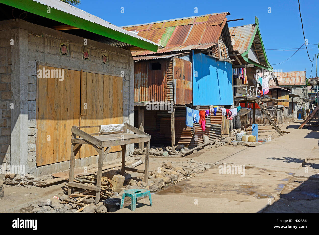 typical pile dwellings and alley of the village Komodo, Indonesia, Komodo Island, Komodo National Park Stock Photo