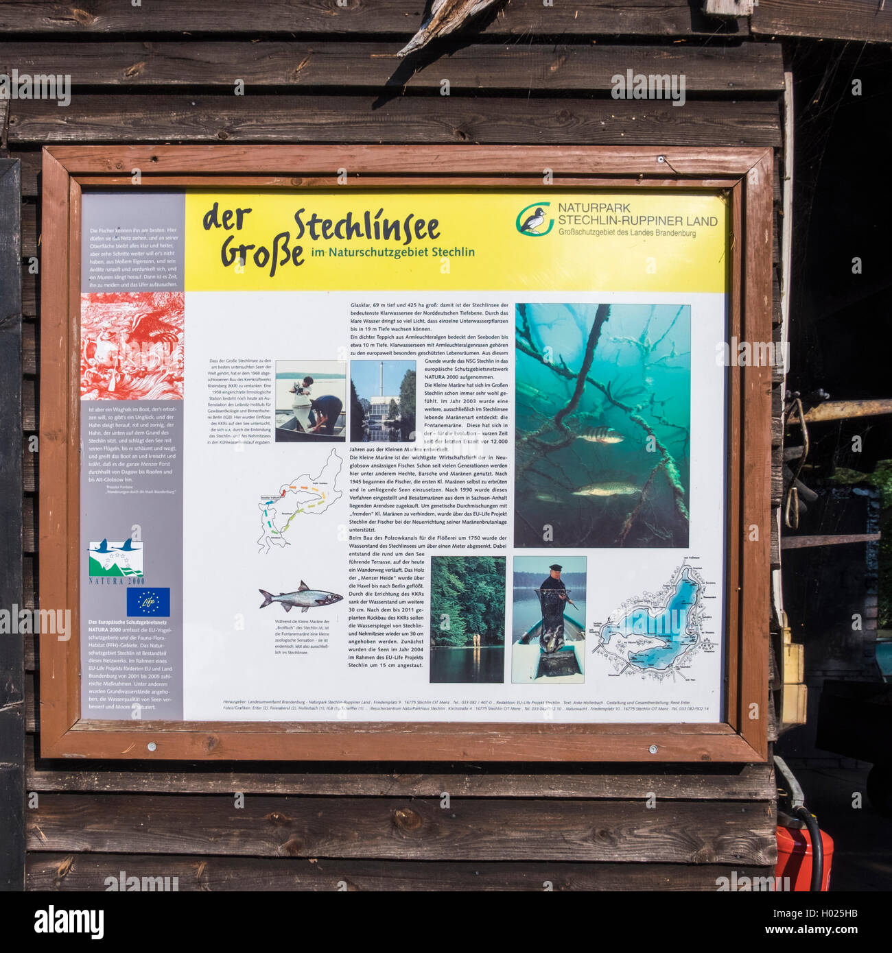 Notice board and infromation about nature reserve at Stechlin Lake, Großer Stechlinsee, Brandenburg, Germany Stock Photo