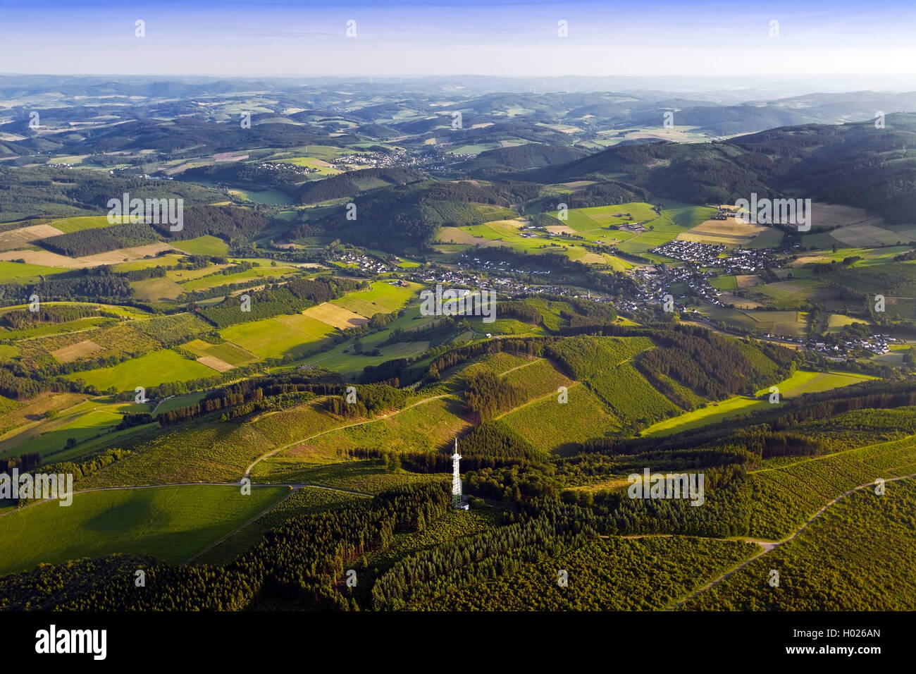 aerial view of hilly low mountain scenery near Eslohe, Germany, North Rhine-Westphalia, Sauerland, Eslohe Stock Photo