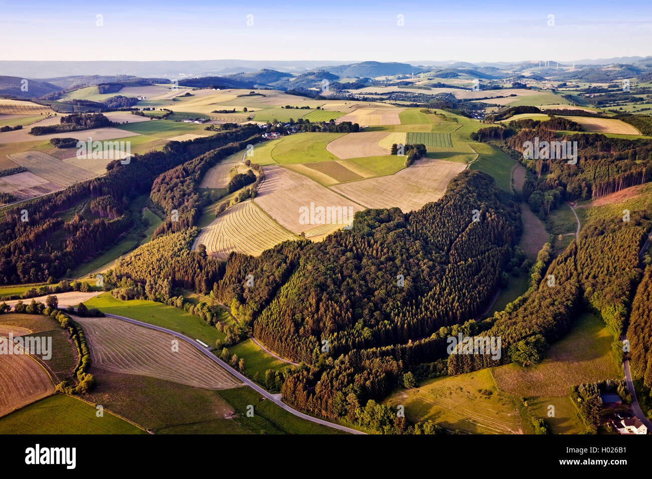 aerial view of hilly field and forest landscape near Bueemke, Germany, North Rhine-Westphalia, Sauerland, Eslohe Stock Photo