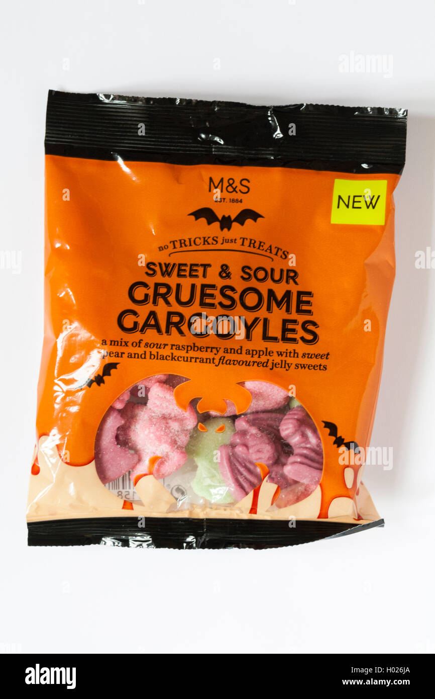 packet of M&S no tricks just treats sweet & sour Gruesome Gargoyles jelly sweets for Halloween isolated on white background Stock Photo