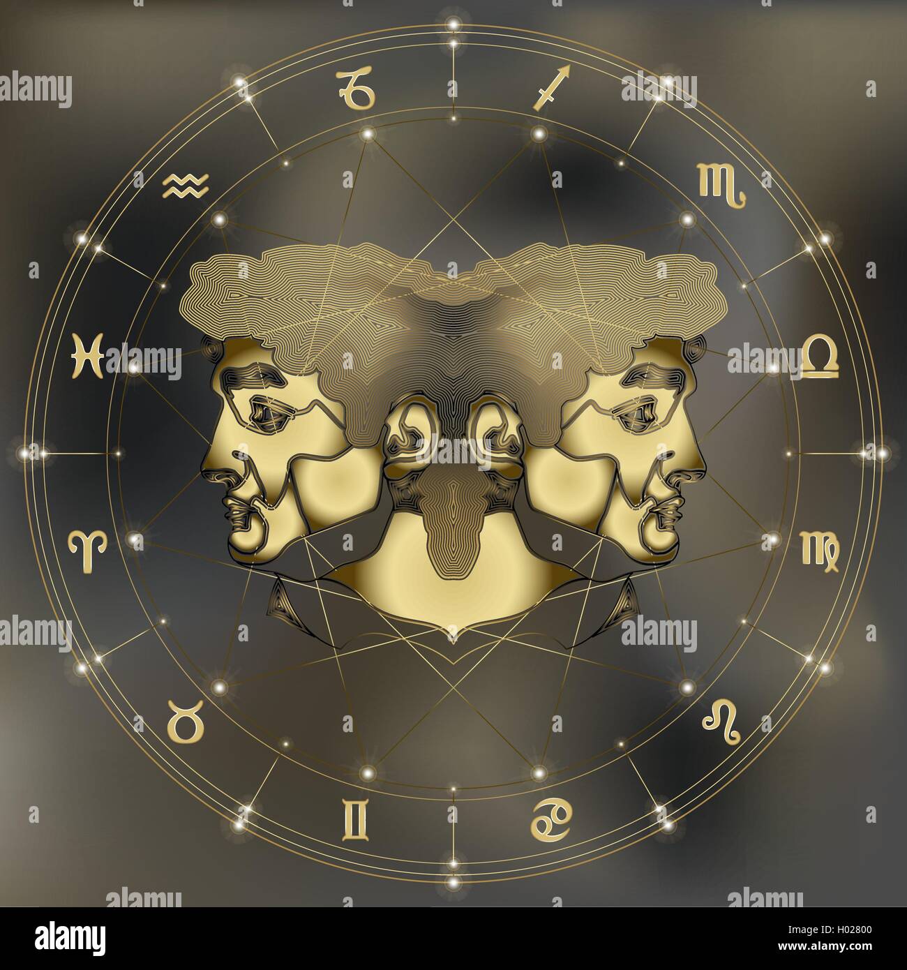 Golden twins portrait, zodiac Gemini sign Stock Vector