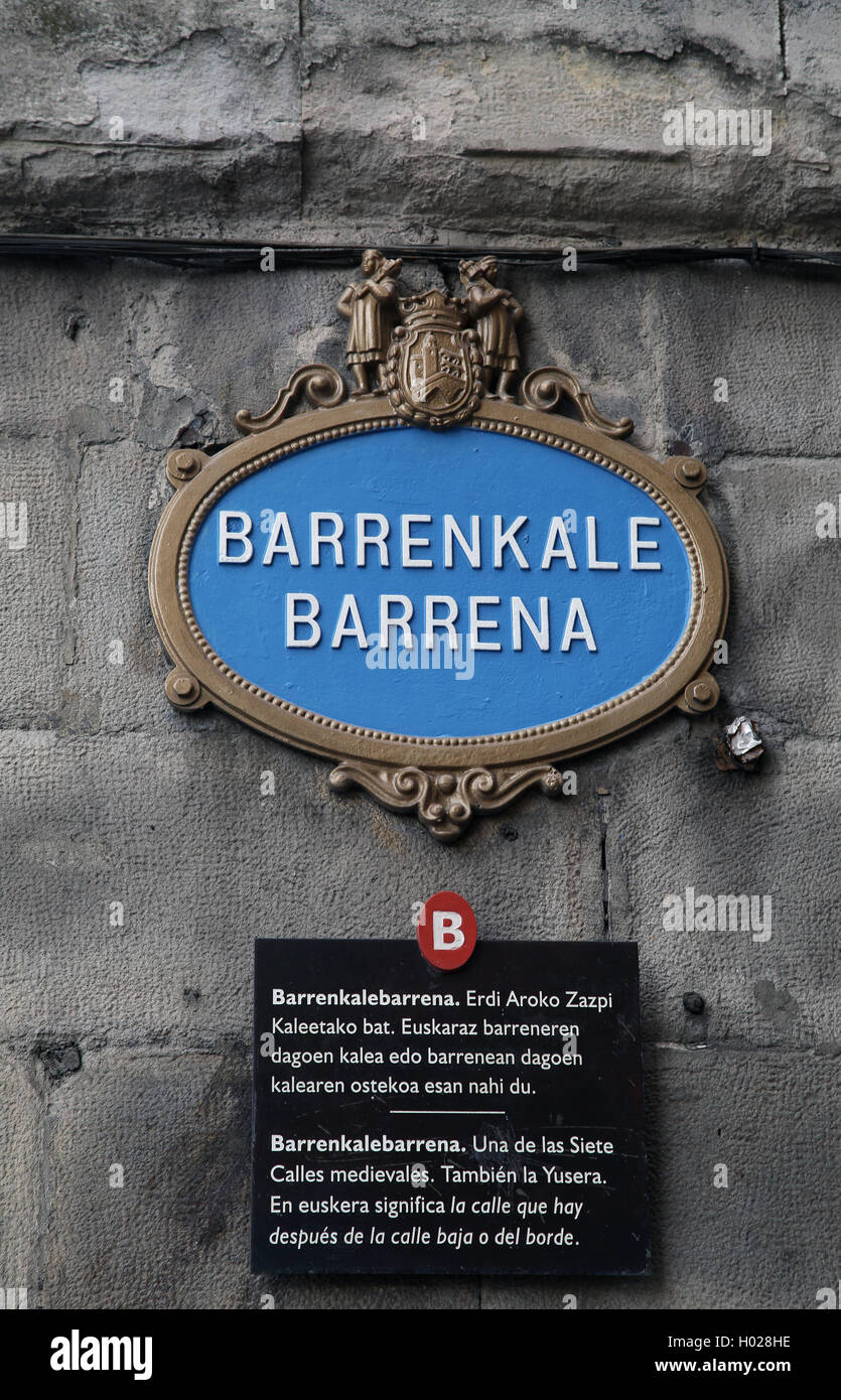 Street sign Barrencalle Barrena Siete Calles Seven Streets in the old town Casco Viejo of Bilbao Basque Country Spain Europe Stock Photo