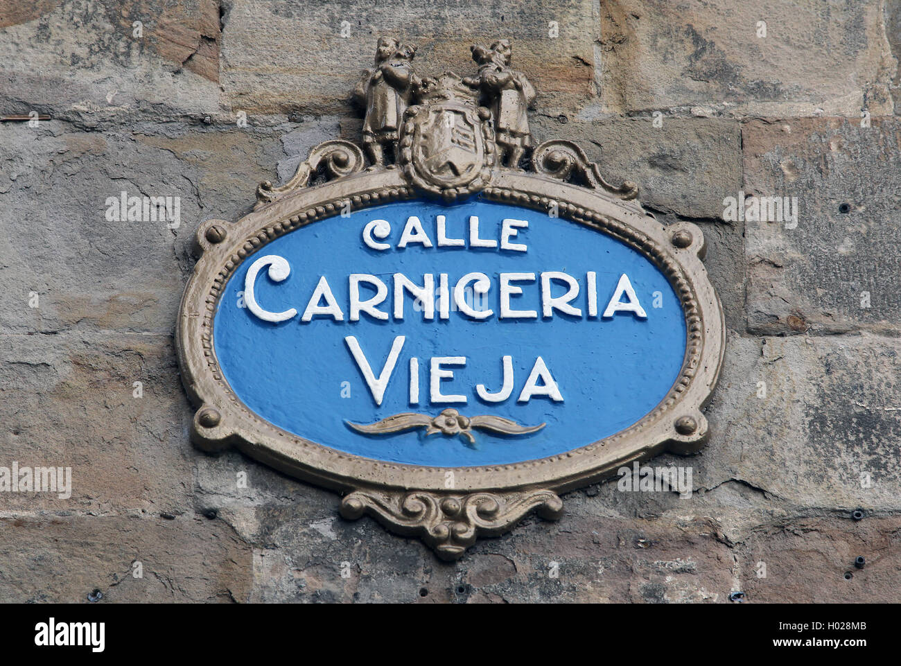 Street sign Siete Calles Seven Streets Carniceria Vieja in the old town Casco Viejo of Bilbao Basque Country Spain Europe Stock Photo