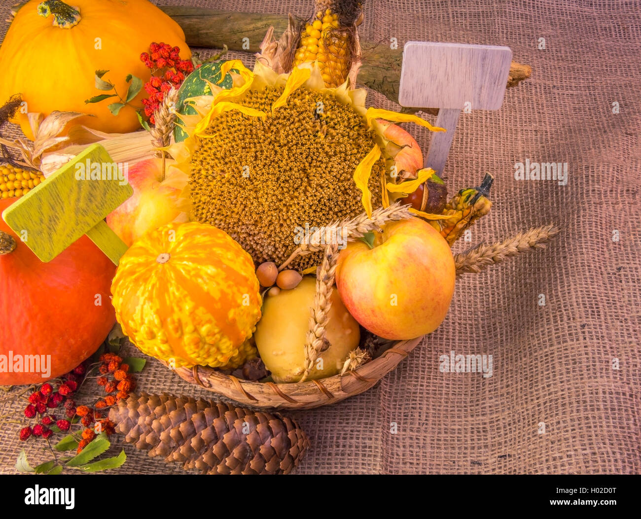 Wicker basket with an abundance of fall products Stock Photo