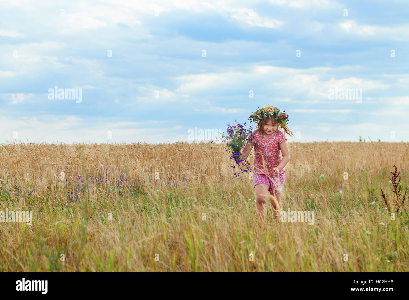 beautiful little girl with a wreath in the wheat field Stock Photo - Alamy