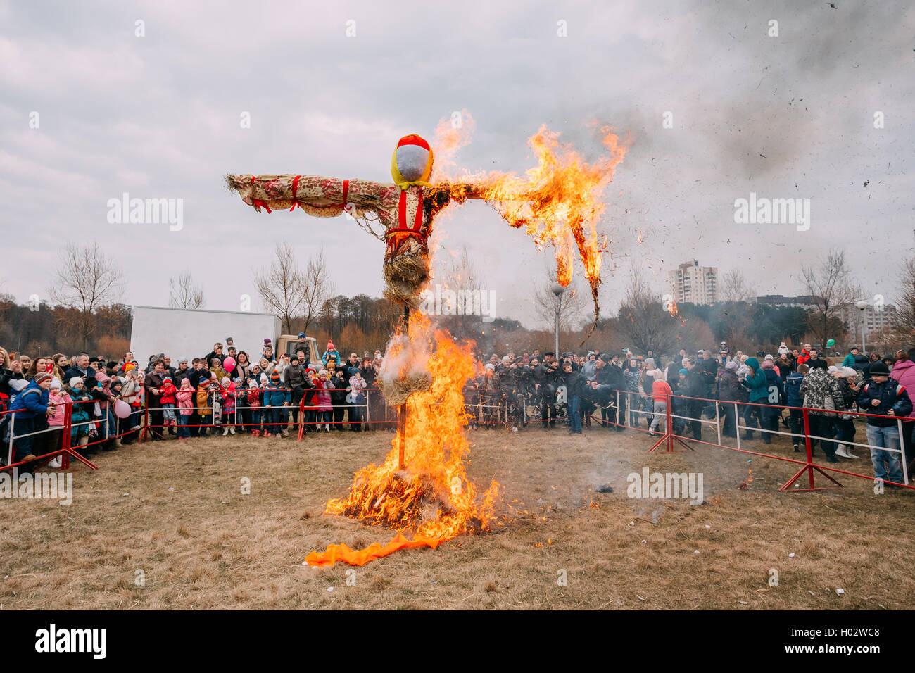 Gomel, Belarus - March 12, 2016: The Scene Of Burning On Bonfire The Dummy As Winter And Death Symbol In Slavic Mythology, Pagan Stock Photo