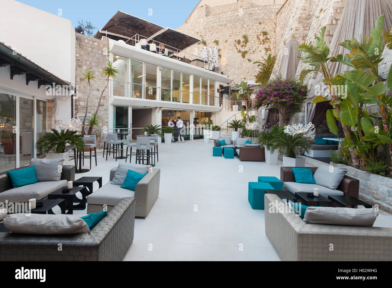 DUBROVNIK, CROATIA - MAY 28, 2014: Terrace of the Restaurant 360 degrees on old wall. Stock Photo