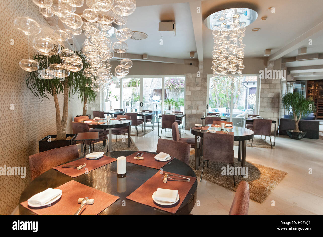 DUBROVNIK, CROATIA - MAY 28, 2014: Interior of the Restaurant 360 degrees on old wall. Stock Photo