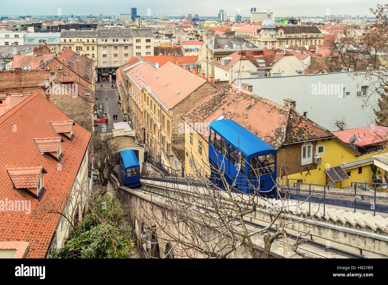 ZAGREB, CROATIA - 12 MARCH 2015: The old Zagreb funicular that brings passengers from the Lower to the Upper part of Zagreb ever Stock Photo