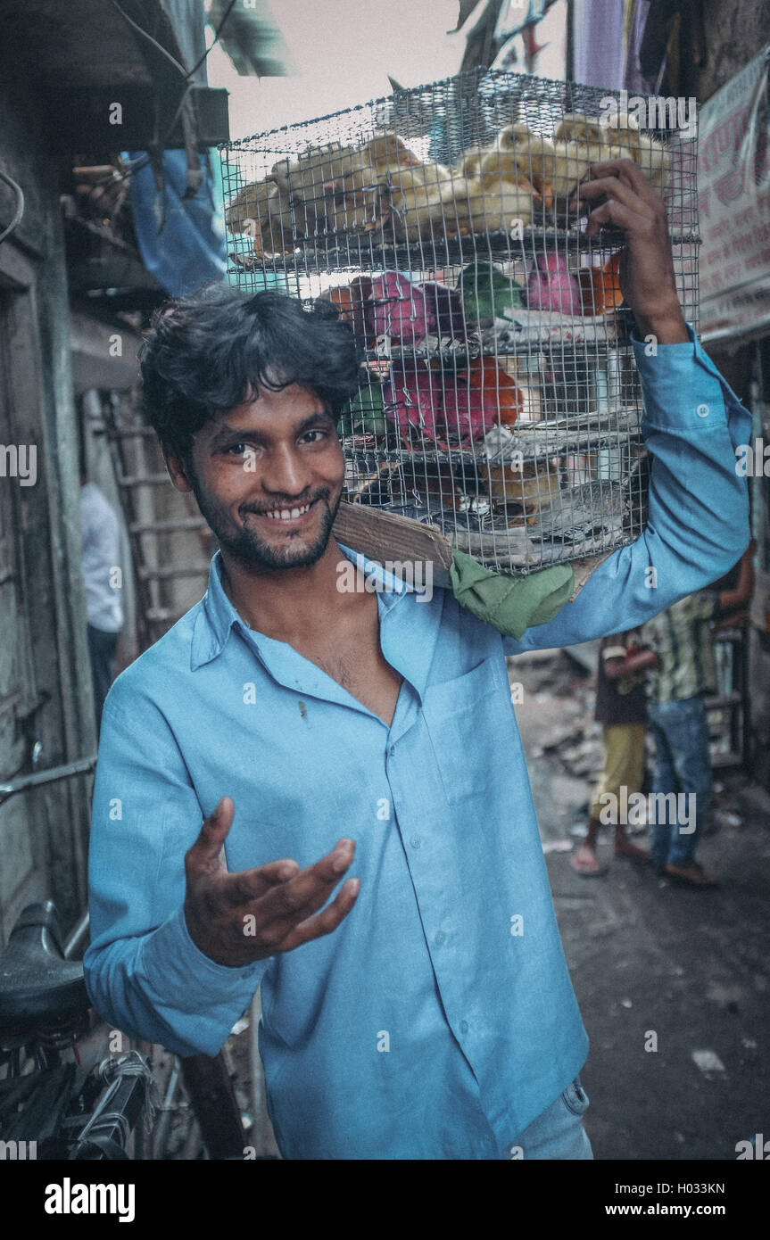 MUMBAI, INDIA - 10 JANUARY 2015: Indian worker carrying cage full of young poultry. Post-processed with grain, texture and colou Stock Photo