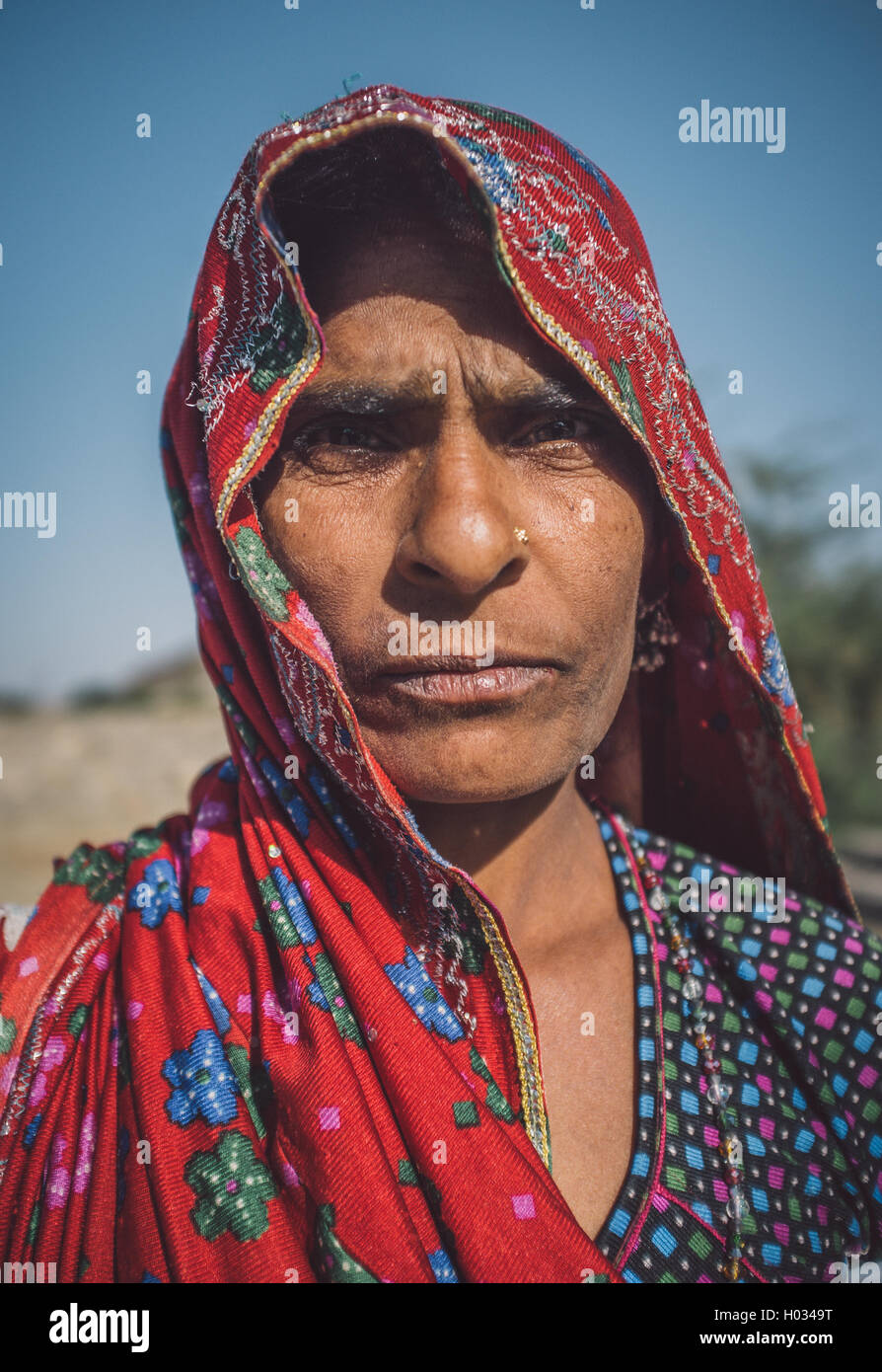 GODWAR REGION, INDIA - 14 FEBRUARY 2015: Rabari tribeswoman stands in field wearing saree. Post-processed with grain, texture an Stock Photo