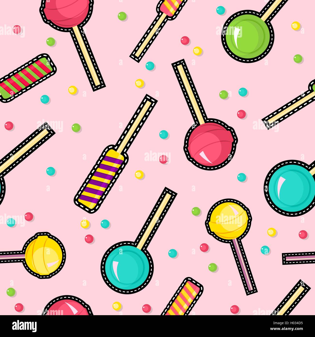 Cute seamless pattern with lollipop candy stitch patch icons, dessert and sugar pink illustration background. EPS10 vector. Stock Vector