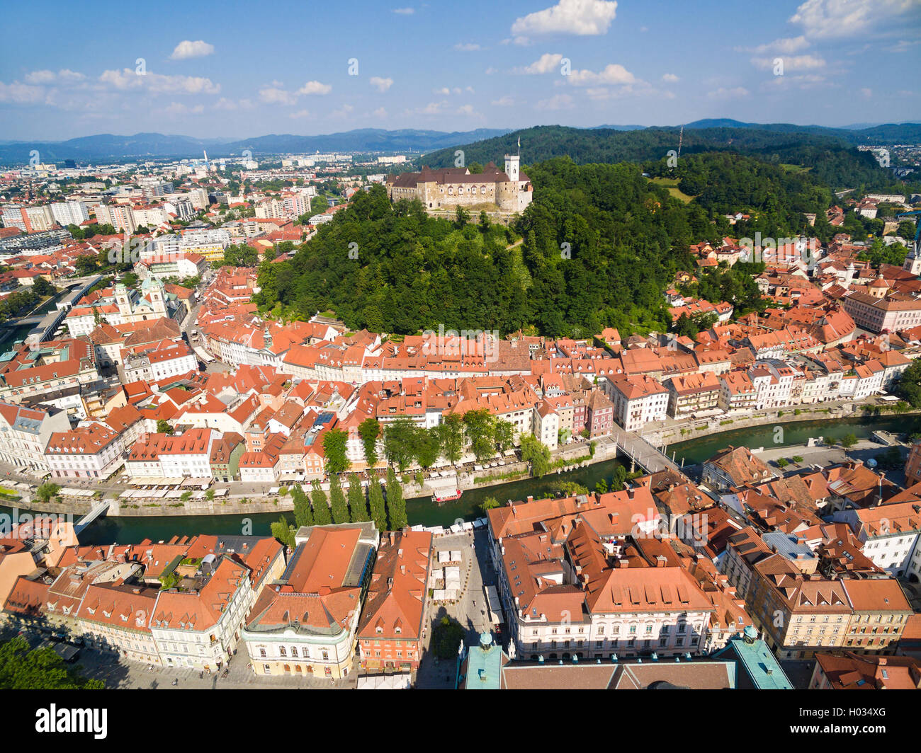 Aerial View Of Ljubljana Castle On Hill Above The Downtown Slovenia aerial-view-of-ljubljana-castle-on-hill-above-the-downtown-slovenia